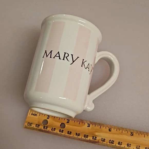 MARY KAY pink and white striped mug, gold logo ceramic mug promotional EUC - Picture 3 of 7